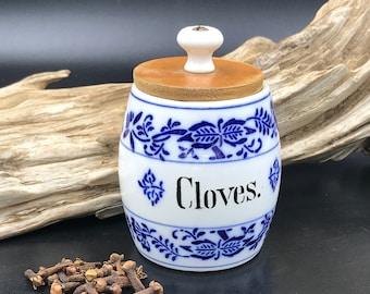 Vintage German Blue Onion Porcelain Cloves Spice Jar with Wood Lid