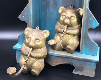 Pair of VTG Brass Bear Wall Hooks, Brass Bear Playing Horn Wall Hooks, Bear Wall Hooks, Nursery Wall Hooks, Child's Room Wall Hooks