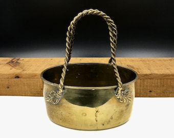 Vintage Brass Basket with Twisted Rope Handle - 7" High