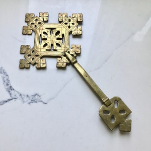 14.75&quot; VTG Brass Ethiopian Coptic Processional Cross, Ethiopian Orthodox Coptic Christian Aksum Design Cross, Long Brass Wall Crucifix
