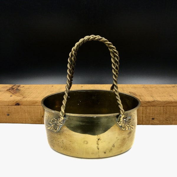 VTG Brass Basket with Twisted Rope Handle 7" High, Brass Basket Planter, Gold Brass Basket