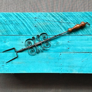 Vintage Hand Forged Iron Roasting Fork: Ornate Wood Handle, Campfire Fireplace Tool