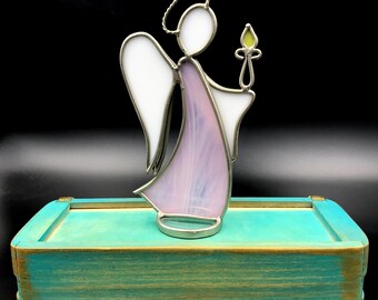 Vintage Stained Glass Angel Candle Holder: Pink & White Tabletop Decor