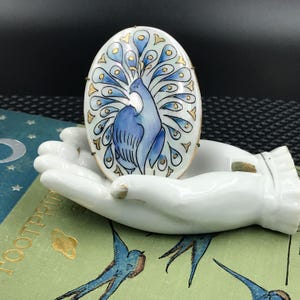 Antique Victorian Hand-Painted Porcelain Peacock Brooch Pendant