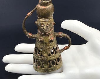 Vintage Brass Bronze Tribal Woman Figurine Pen Holder, 3.5" H