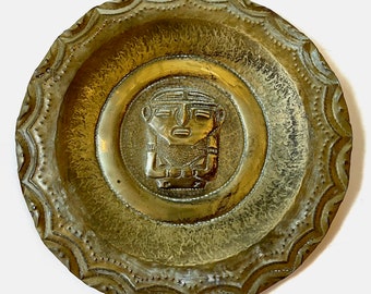 Vintage Handmade Hammered Brass Wall Plate: Aztec Maya Inca Decor (16 inch)