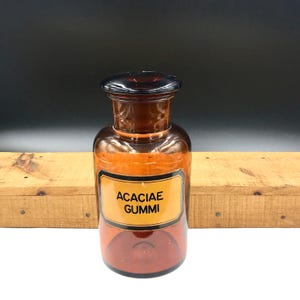Vintage Amber Glass Apothecary Bottle with Acaciae Gummi Label & Stopper