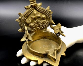Heavy Brass Vishnu Diya Lamp with Christian Cross, Spouted Indian Oil Lamp