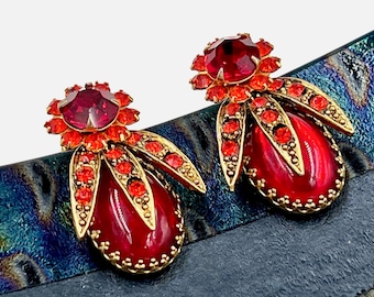 Vintage Rhinestone Clip On Earrings: Red Jelly Belly Cabochon, Gold Tone