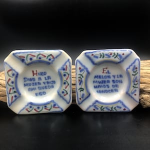 VTG Small Spanish FIGAS Pottery Ashtrays Trinket Dishes with Spanish Sayings Proverbs Dichos Refranes, 3.25&quot; x 3.25&quot;