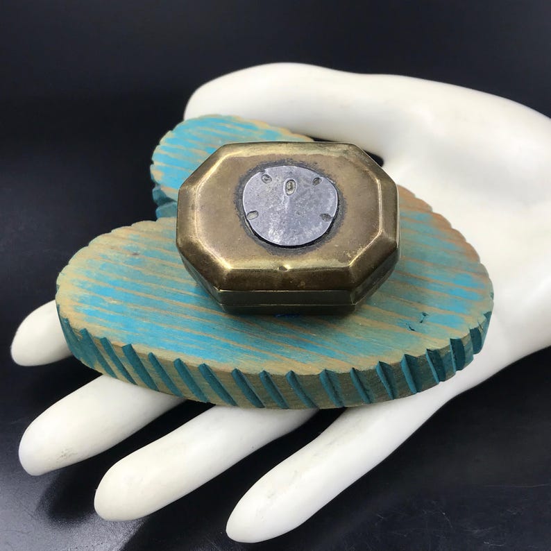 Kryptonian Octagonal Disc Vintage Brass Sand Dollar Pill Box, Hinged Pewter Embellishment, Made ...