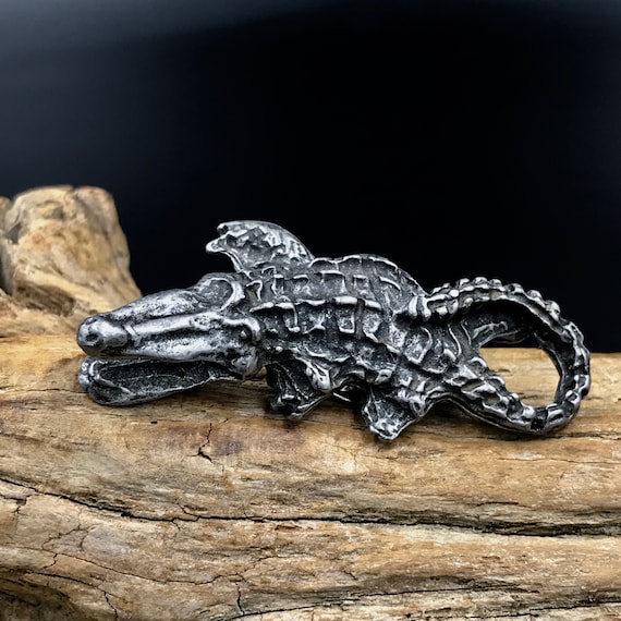 Vtg Pewter Alligator Crocodile Brooch Pin, Pewter… - image 1