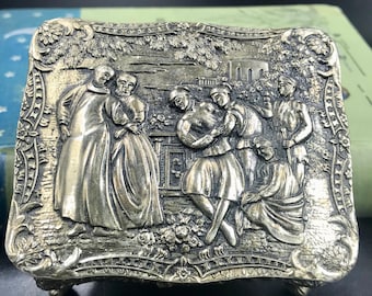 Vintage Rococo Style Silver Plate Footed Trinket Box, Repoussé Garden Scene, Made in Japan