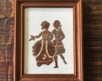 Vintage Framed Cross Stitch: Baroque Dancing Couple Silhouette (7.25" x 5.75")