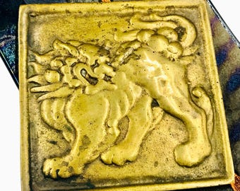 Antique Solid Brass Chinese Foo Dog Tile, Paperweight, 1920s Trinket Box Lid