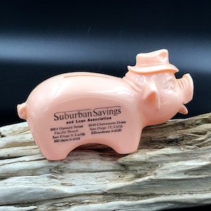 VTG Hard Plastic Bank Advertising Piggy Bank Giveaway, Pink Plastic Pig Piggy Bank, Suburban Savings & Loan San Diego CA Plastic Piggy Bank