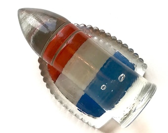 UNIQUE VTG Glass Military Bullet Missile Paperweight with Reverse Painted Red White & Blue Shield, OOAK Militaria, Glass Bullet