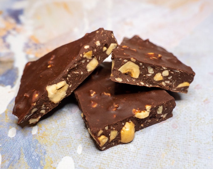 hazelnut bark chocolate | bean to bar chocolate | made with cocoa from dominican republic | vegan chocolate