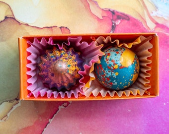 chocolate bon bon box | 2 piece box | passionfruit | peanut butter | vegan chocolate gift | colorful filled truffles