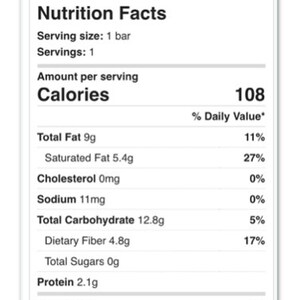 May include: Nutrition facts label for a Monk Fruit Chocolate Bar, showing the calories and percentage of daily value for fat, saturated fat, cholesterol, sodium, total carbohydrate, dietary fiber, total sugars, protein, vitamin D, calcium, iron, and potassium.