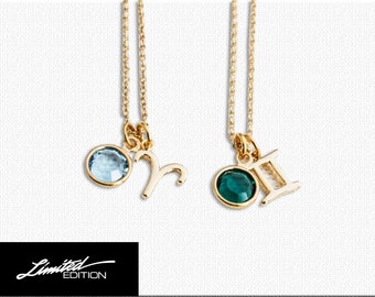 Zodiac and Birthstone Necklace, Gold zodiac necklace, birthstone jewelry. Limited edition. Custom Design Jewelry