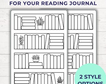May include: Printable sticker sheet with two styles of bookshelf designs. Each bookshelf has four shelves with different arrangements of books and plants. The text "2 STYLE OPTIONS" is in the bottom right corner.