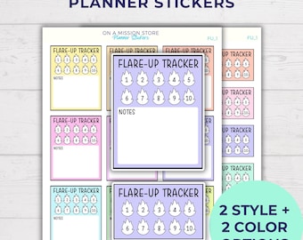 May include: A set of 8 planner stickers for tracking chronic illness flare-ups. The stickers are in two styles and two colors: yellow, pink, purple, and light blue. Each sticker has a space for notes and a grid of 10 flame icons to track flare-ups.