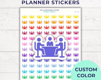 May include: A sheet of planner stickers featuring a rainbow of colors with a large sticker of three people sitting around a table. The text "Meeting Planner Stickers" is at the top of the sheet. The text "ON A MISSION STORE Planner Stickers" is in the middle of the sheet. The text "AN 20" is in the top right corner of the sheet. The text "CUSTOM COLOR OPTION" is in the bottom right corner of the sheet.