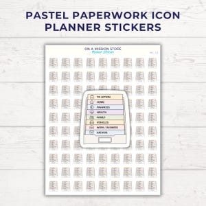 Peut inclure: Une feuille d'autocollants pour agenda aux tons pastel représentant une icône de classeur avec des onglets étiquetés To Action, Home, Finances, Health, Family, Vehicles, Work/Business et Archive. Le texte On A Mission Store Planner Stickers figure en haut.