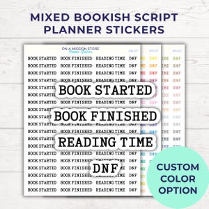 Adesivi Bookish Script – Libro iniziato, Libro finito, Tempo di lettura, DNF – Adesivi per planner per diario di lettura o bullet journal