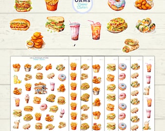 May include: A set of 90 colorful planner stickers featuring various fast food items, including burgers, fries, donuts, chicken nuggets, and drinks. The stickers are arranged in rows on a white background. The text "OAMS Planner Stickers" and "ON A MISSION STORE Planner Stickers" are visible on the sheet.