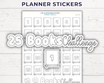 May include: White planner stickers with a book theme. The stickers feature a grid of numbered book icons, with the text "25 Books Challenge" at the top and bottom. The stickers are designed for use in a planner.