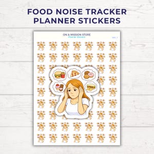 Pu&ograve; includere: Adesivi per planner con il testo "FOOD NOISE TRACKER PLANNER STICKERS". Gli adesivi raffigurano una donna con pensieri sul cibo, circondata da immagini di hamburger, pizza, biscotti e panini. Gli adesivi sono di "ON A MISSION STORE".