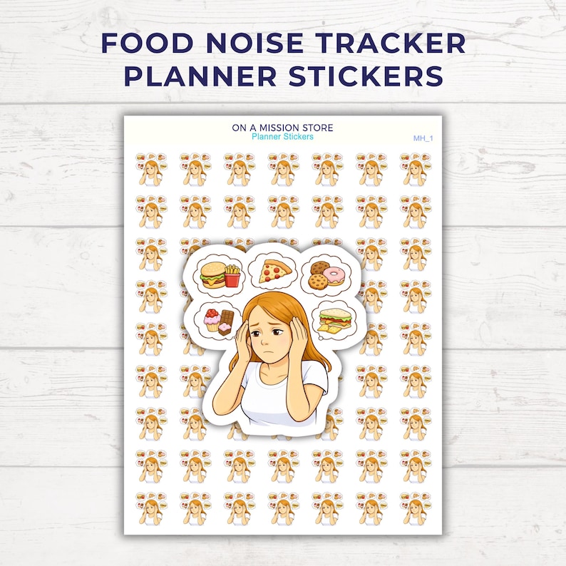 Pu&ograve; includere: Adesivi per planner con il testo "FOOD NOISE TRACKER PLANNER STICKERS". Gli adesivi raffigurano una donna con pensieri sul cibo, circondata da immagini di hamburger, pizza, biscotti e panini. Gli adesivi sono di "ON A MISSION STORE".