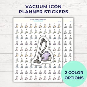 Peut inclure: Autocollants pour planificateur avec icônes d'aspirateur, présentant diverses illustrations d'aspirateurs aux couleurs pastel. Les autocollants incluent un grand autocollant central d'aspirateur gris et violet, avec le texte "2 COLOR OPTIONS."