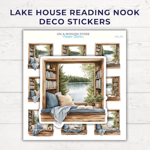 Foglio di adesivi per angolo lettura "Cozy Summer Lake House", adesivi per angolo lettura, mensola per libri, Hygge minimalista, regalo per amanti dei libri