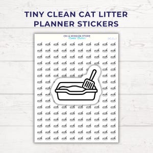 Puede incluir: Hoja de pegatinas para planificador con un diseño de arenero para gatos y pala, en blanco y negro. Incluye el texto "TINY CLEAN CAT LITTER PLANNER STICKERS" y "ON A MISSION STORE Planner Stickers".