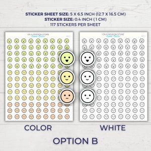 May include: Two sticker sheets with 117 smiley face stickers each. The sheet on the left has color variations of the smiley face stickers, while the sheet on the right has white smiley face stickers. The sticker sheet size is 5 x 6.5 inches (12.7 x 16.5 cm). The sticker size is 0.4 inches (1 cm).
