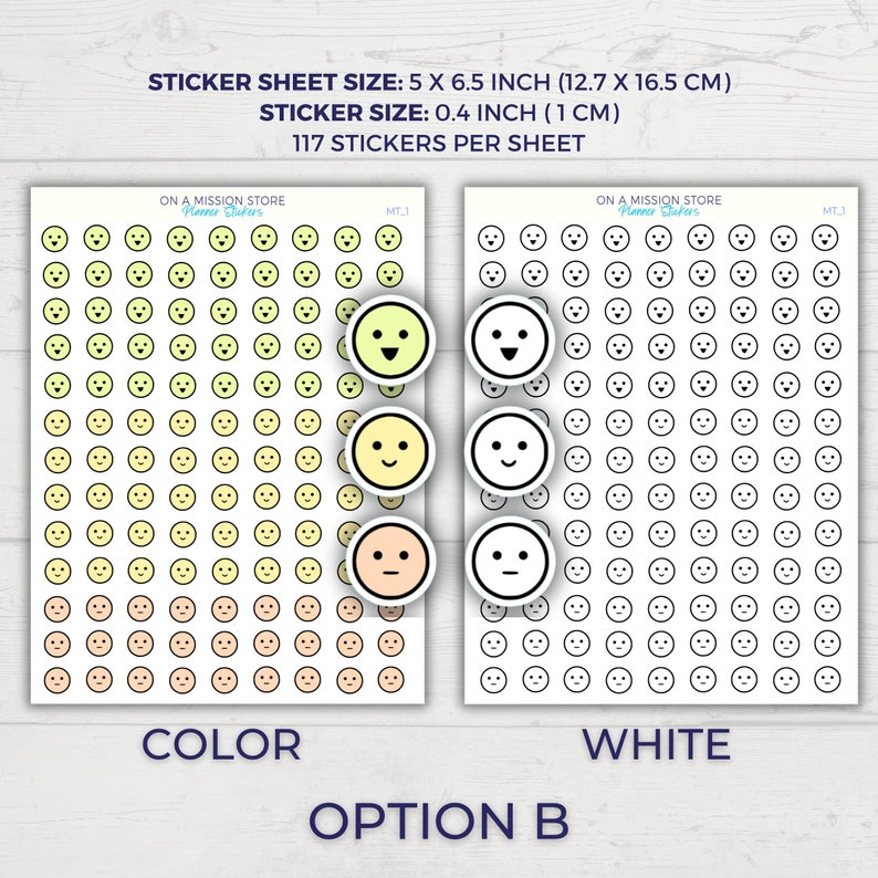 May include: Two sticker sheets with 117 smiley face stickers each. The sheet on the left has color variations of the smiley face stickers, while the sheet on the right has white smiley face stickers. The sticker sheet size is 5 x 6.5 inches (12.7 x 16.5 cm). The sticker size is 0.4 inches (1 cm).