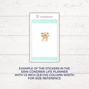 Pu&ograve; includere: Un foglio di adesivi per planner con un'intestazione '2 Thursday' e un'illustrazione centrale di una donna con icone di cibo. Il testo in basso recita: EXAMPLE OF THE STICKERS IN THE ERIN CONDREN LIFE PLANNER WITH 3.8 CM COLUMN WIDTH FOR SIZE REFERENCE.
