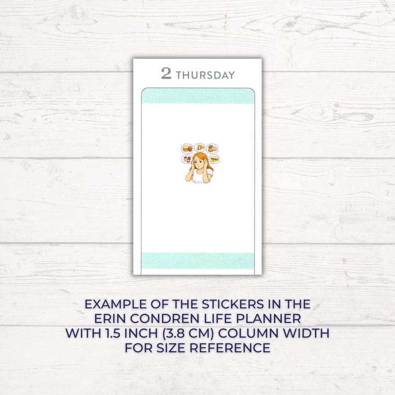 Pu&ograve; includere: Un foglio di adesivi per planner con un'intestazione '2 Thursday' e un'illustrazione centrale di una donna con icone di cibo. Il testo in basso recita: EXAMPLE OF THE STICKERS IN THE ERIN CONDREN LIFE PLANNER WITH 3.8 CM COLUMN WIDTH FOR SIZE REFERENCE.