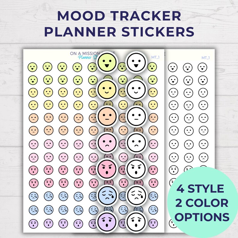 May include: A sheet of mood tracker planner stickers with four different styles of smiley faces in two color options. The stickers are in yellow, orange, pink, blue, and purple. The text on the sheet reads "Mood Tracker Planner Stickers" and "On a Mission Planner".