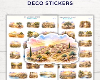Biblical Landscape Journal Stickers, Watercolor Ancient Scenery, Faith Planner Decor