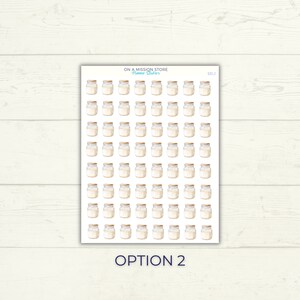 May include: A sheet of 63 white sticker labels featuring a hand-drawn illustration of a mason jar. The sheet is labeled "ON A MISSION STORE Planner Stickers" and "SD1".