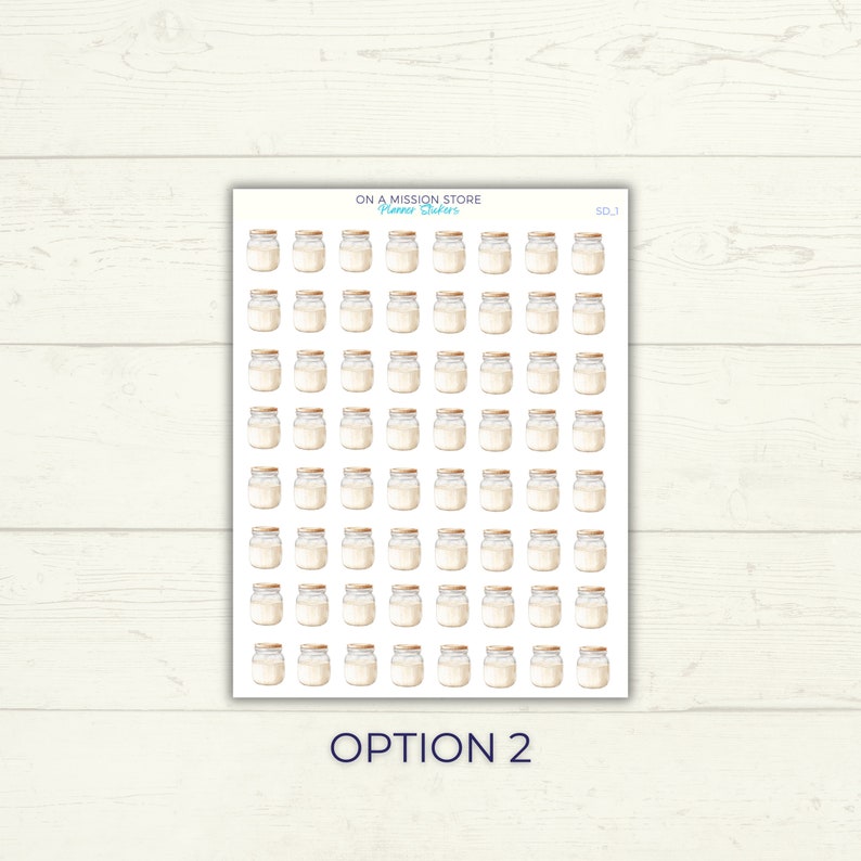 May include: A sheet of 63 white sticker labels featuring a hand-drawn illustration of a mason jar. The sheet is labeled "ON A MISSION STORE Planner Stickers" and "SD1".