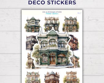 May include: A set of 10 vintage bookstore planner stickers featuring illustrations of charming buildings with green, brown, and white details. The stickers are perfect for adding a touch of whimsy to your planner or journal.