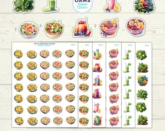 May include: A set of 60 watercolor planner stickers featuring various healthy food options, including salads, smoothies, and fruit bowls. The stickers are designed with a white background and are perfect for adding a touch of color and organization to your planner.