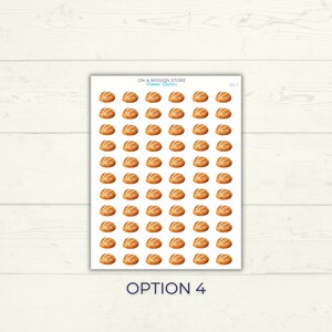 May include: A sheet of 49 brown bread planner stickers. The stickers are arranged in 7 rows of 7. The stickers are all the same size and shape. The stickers are on a white background. The text "ON A MISSION STORE Planner Stickers" is at the top of the sheet. The text "SOJ" is at the top right corner of the sheet. The text "OPTION 4" is at the bottom of the sheet.