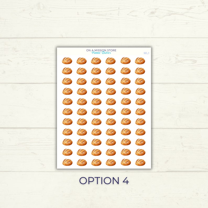 May include: A sheet of 49 brown bread planner stickers. The stickers are arranged in 7 rows of 7. The stickers are all the same size and shape. The stickers are on a white background. The text "ON A MISSION STORE Planner Stickers" is at the top of the sheet. The text "SOJ" is at the top right corner of the sheet. The text "OPTION 4" is at the bottom of the sheet.