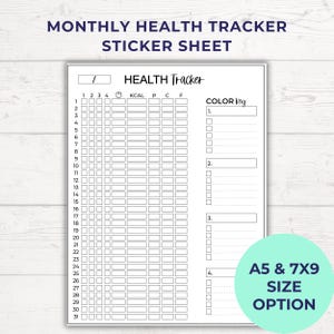 Op de afbeelding: Een witte sticker met bovenaan de tekst "MONTHLY HEALTH TRACKER STICKER SHEET". De sticker bevat een gezondheidstracker-raster, een kleurensleutel en de tekst "A5 & 7X9 SIZE OPTION" in een turquoise cirkel.